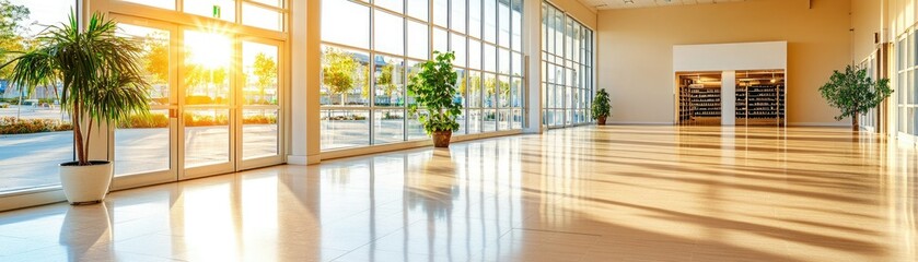 Bright and airy interior with large windows showcasing natural light and elegant plants for a welcoming atmosphere.
