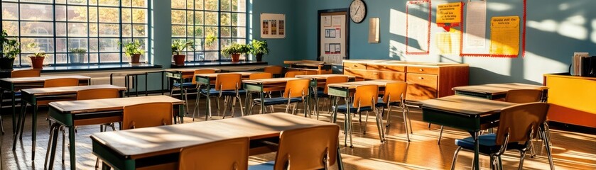 Bright and organized classroom with wooden desks, chairs, and colorful decor, ideal for education and learning themes.