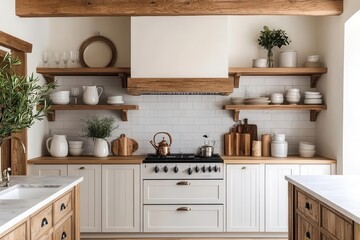 A modern farmhouse kitchen featuring wooden open shelving, white cabinetry, and rustic accents, blending warmth and contemporary design elements.