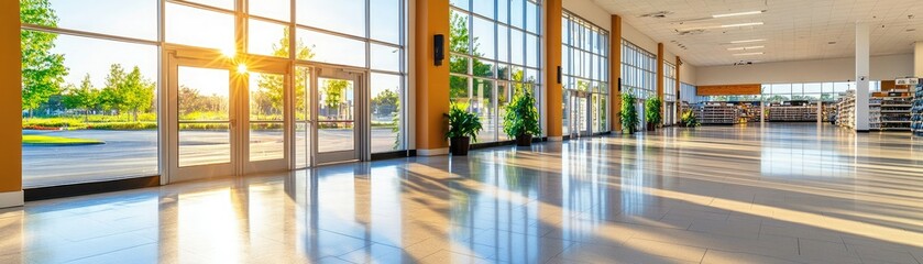 Obraz premium Bright and spacious interior with large windows, showcasing sunlight and a serene atmosphere in a modern setting.