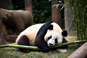 Obraz premium Sleepy Panda Relaxing on Bamboo in Tranquil Sanctuary Environment