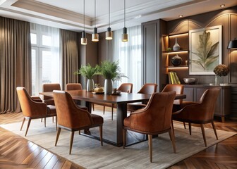 Elegant dining room features modern brown chairs and table surrounded by floor-to-ceiling windows, framing a stunning