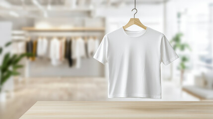 A plain white T-shirt hangs on a wooden hanger against a blurred background of a modern clothing store.