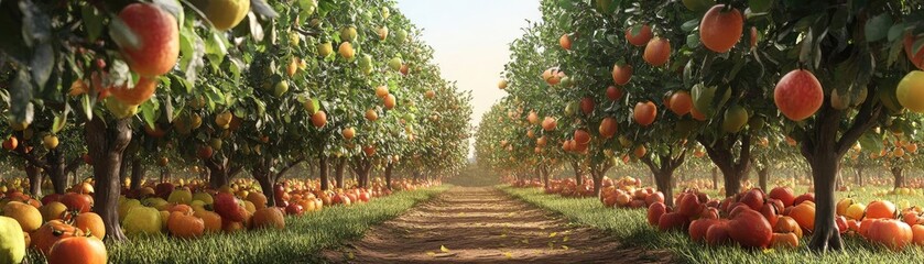 A serene apple orchard with vibrant trees, ripe fruits, and a dirt path inviting exploration and harvest.