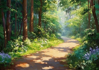 Fototapeta premium Oil painting depicting a scenic path through a vibrant summer forest showcasing lush greenery and natural beauty