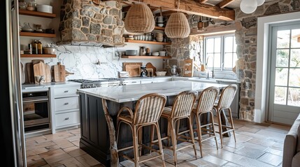 Rustic farmhouse kitchen with stone walls, natural wood beams, and an island featuring a marble countertop and wicker barstools for comfort and style.
