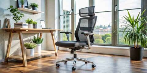 Ergonomic office chair with adjustable height and lumbar support designed for long hours of computer use, providing