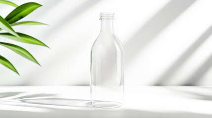 A clear glass bottle standing empty against a sunlight background, with a green plant partially visible on the side, creating a minimalist aesthetic.