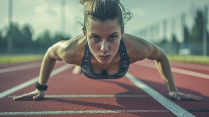 Fototapeta premium A focused woman is performing pushups on a running track area