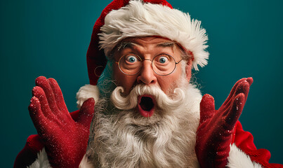 Santa Claus expresses excitement, clapping and smiling wide during the festive Christmas season celebration