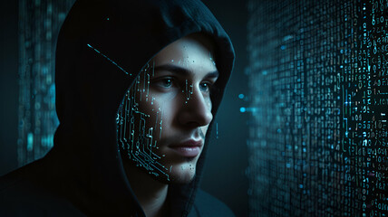 A hacker’s identity concealed by a digital mask, with floating lines of code and encrypted messages surrounding the figure.. Background