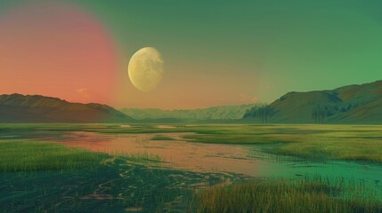 Landscape with moon and green hills of flood meadows. 3d render evening rainbow