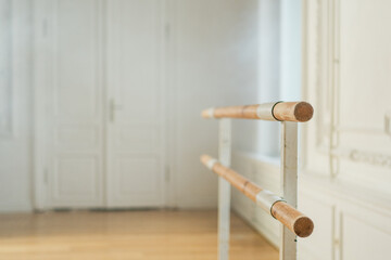 Empty ballet dance studio with barre. Professional ballet barre for stretching practicing dancing...