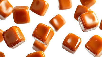 Square shaped caramel candies floating on transparent background