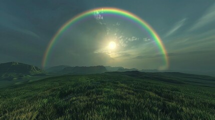 Naklejka premium Landscape with moon and green hills of flood meadows. 3d render evening rainbow