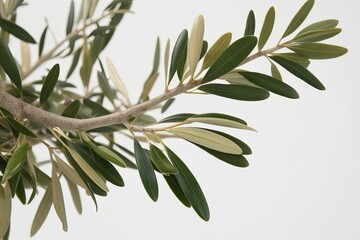 Vibrant Olive Tree Branch with Abundant Green Leaves Isolated on White Background