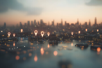 3D Rendering of a City with Abstract Connected Location Pins