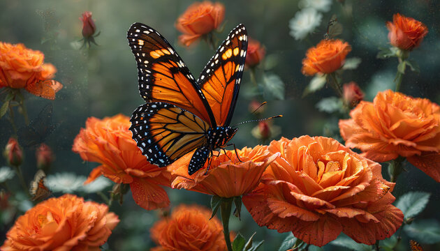 Papillon Monarque sur Roses Orange