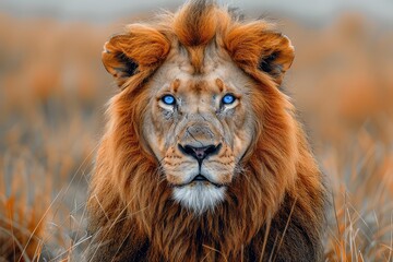Close-up photo of a blue eyed lion. Close-up of a lion with striking blue eyes, embodying the fierce beauty and majesty that nature offers.