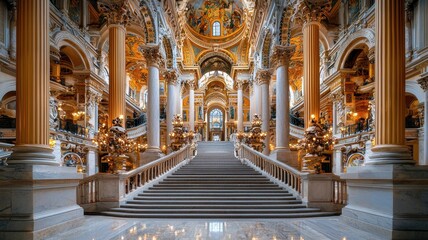 Fototapeta premium A grand interior view of an opulent staircase adorned with intricate details and luxurious decor.