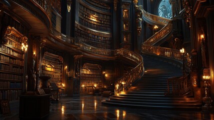 A majestic library with grand architecture, shelves filled with books, and beautiful lighting creating an enchanting atmosphere.