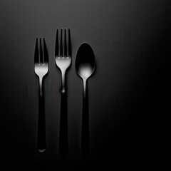 Minimalistic black cutlery set featuring forks and a spoon on a dark background, ideal for modern dining aesthetics.