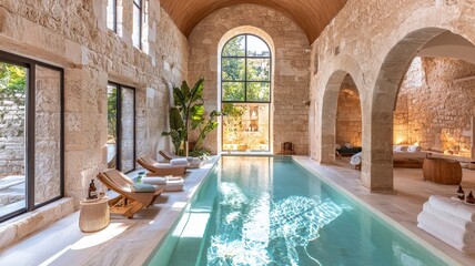 Fototapeta premium A serene indoor pool area featuring elegant stone walls, natural light, and comfortable seating, perfect for relaxation.