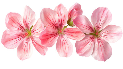 Three Delicate Pink Flowers Arranged in a Row on a White Transparent Background, Isolated PNG