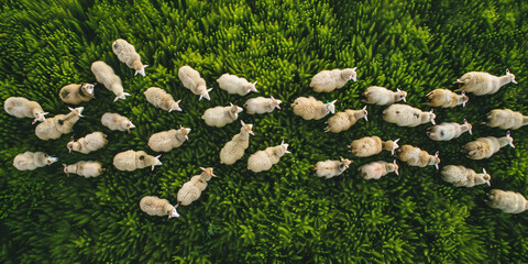 Sheep grazing in pasture with green grass background 