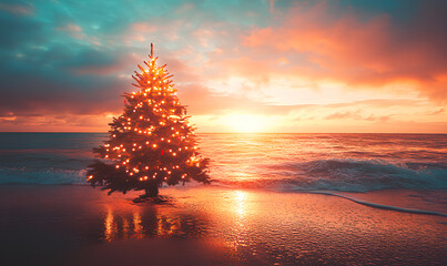A festive Christmas tree adorned with lights shines brightly against a vibrant sunset over the ocean