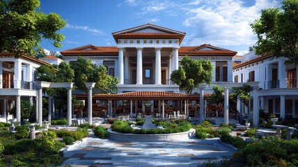 Obraz premium A stunning classical building surrounded by lush gardens and blue skies, perfect for architecture and landscape photography.