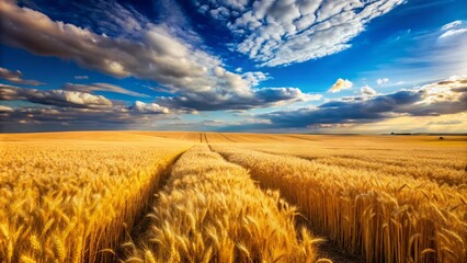 Golden wheat fields billow and sway in the breeze, their golden hues glowing under a vast blue dome