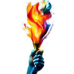 Hand holding a torch with colorful abstract flame isolated on transparent background.