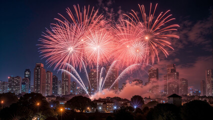 Fototapeta premium Salute, fireworks over the night metropolis, city