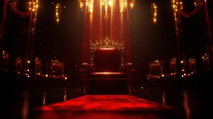 An opulent throne surrounded by golden lights, evoking a sense of royalty and grandeur in a dramatic setting.