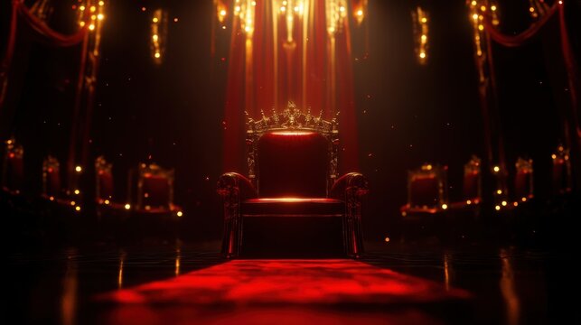 An opulent throne surrounded by golden lights, evoking a sense of royalty and grandeur in a dramatic setting.