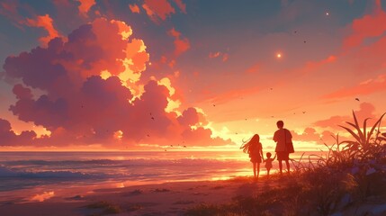 Fototapeta premium Family enjoying a stunning beach sunset