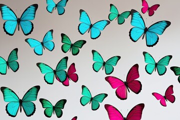 Colorful Turquoise Emerald and Ruby Butterflies Soaring on White Background