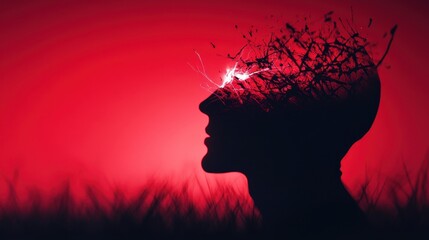 Abstract silhouette representing creativity and thoughts with an artistic explosion of ideas against a vibrant red background.