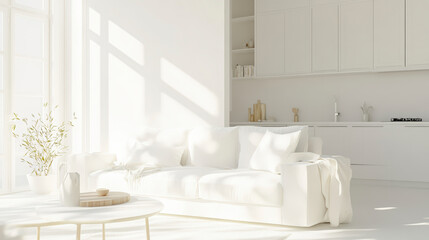 A bright, minimalist living room featuring a white sofa, coffee table, potted plant, and modern kitchen, bathed in natural sunlight with clean, white decor.