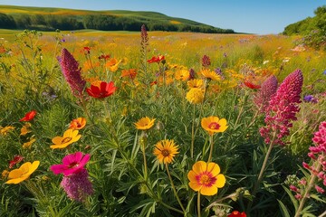 Colorful Meadow Wildflower Banner with Vibrant Wide-Angle Landscape View