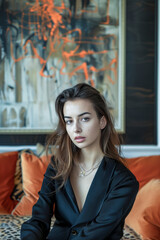 Obraz premium A woman is sitting on a couch in front of a painting. She is wearing a black jacket and necklace
