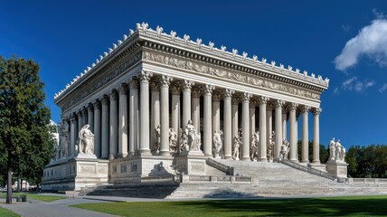 Fototapeta premium Historic neoclassical building with grand columns, showcasing architectural beauty in a picturesque setting under clear skies.