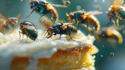Close-Up of Flies Swarming Over Sweet Dessert.