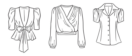 A collection of women's fashion clothes. Vector hand-drawn illustrations of beautiful blouses. Fashion sketches of women's fashion tops isolated on a white background.