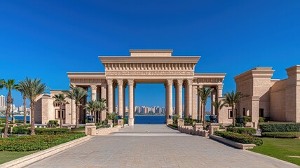 Obraz premium Stunning architecture at the waterfront with a grand entrance framed by palm trees against a clear blue sky.