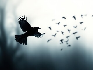 Fototapeta premium A silhouette of a bird in flight against a misty background, symbolizing freedom and nature's beauty.