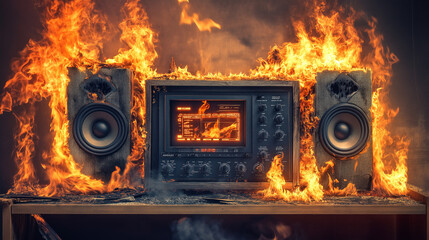 Vintage Stereo System Engulfed in Flames – Photorealistic Fire and Smoke Scene