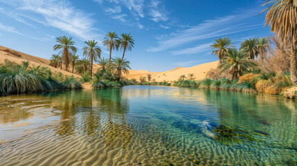Obraz premium Pustynna oaza z palmami i odbijającą się wodą.