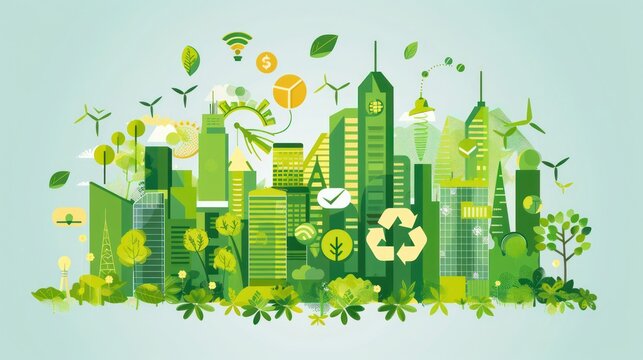 Illustration of environmental consulting services with eco-friendly icons. 